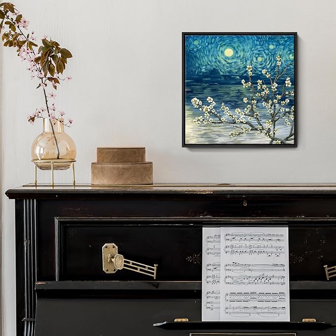 Framed Wall Art Bathroom Décor Modern Floral Tree Canvas Picture Plum Blossom Starry Night Flower Canvas Print Abstract Lake Blue Teal Yellow Painting for Modern Living Room Bedroom Office Décor Small-Ruum Studio Home