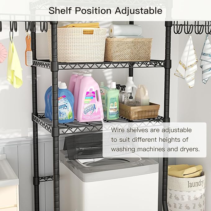 Ulif U8 Medium Laundry Room Storage Organizer, Over the Washer and Dryer Storage Shelves for Laundry Organization, 32.3”W x 17.3”D x 76.2”H, Suit Washing Machine Width within 29.9”, Hold 304 lb, Black-Ruum Studio Home