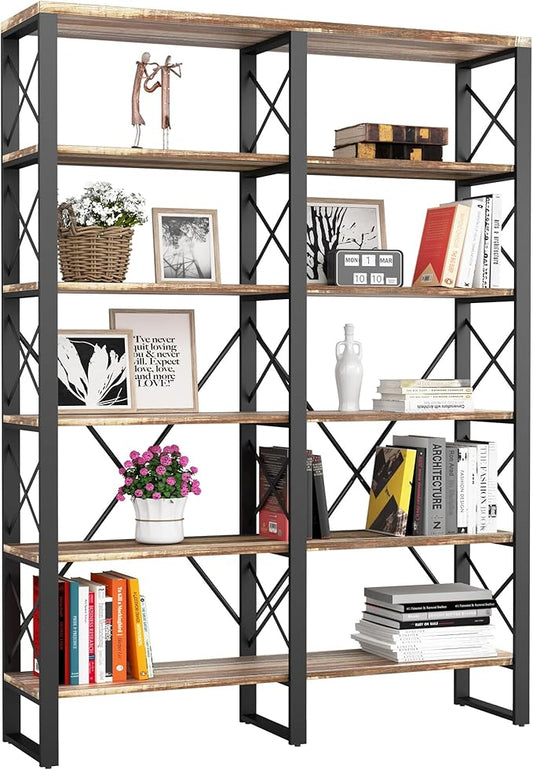 IRONCK Bookshelves Double Wide 6-Tier 76" H, Open Large Bookcase, Industrial Style Shelves for Home Office, Easy Assembly-Ruum Studio Home