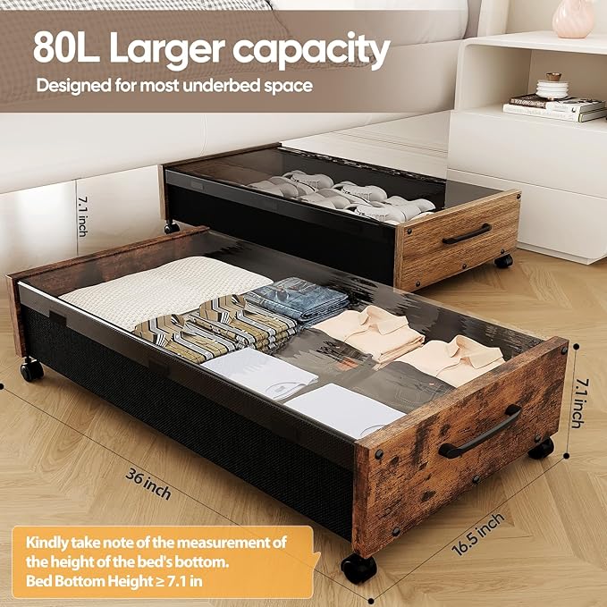 Wooden Under Bed Storage with Wheels, 80L Extra-large Rolling Under the Bed Storage Bins 2 Pack with Removable Lid, Upgrade Metal Under Bed Drawers for Clothes Shoes Blankets in Bedroom-Ruum Studio Home
