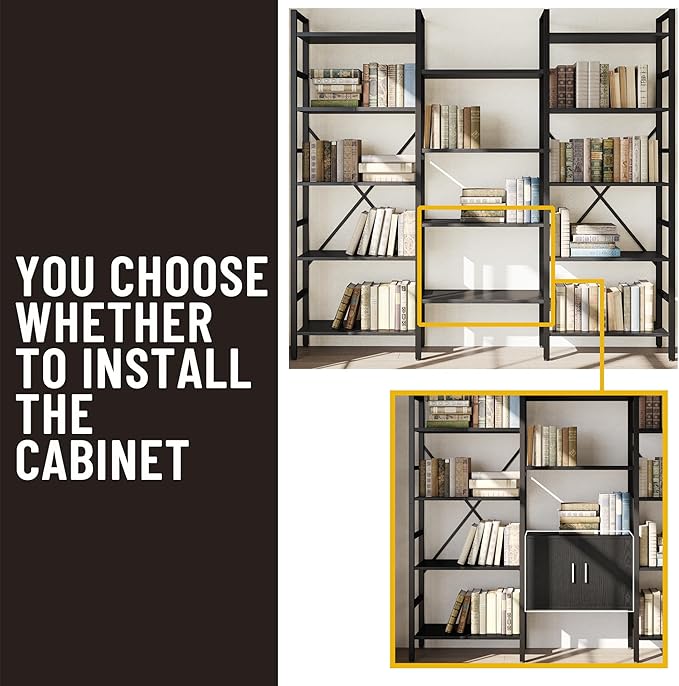 70 x70 Triple 5 Tier Book Shelf, Industrial Large Bookcase with Storage Cabinet, Tall Bookshelf with 14 Open Display Shelves Metal Frame Furniture for Living Room Bedroom Home Office Black-Ruum Studio Home