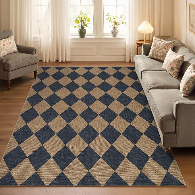 Lahome Checkered Easy Jute Washable Rug, 5x7 Area Rugs for Living Room Nature Large Dining Room Carpet, Farmhouse Geometric Non Slip Indoor Outdoor Carpet for Home Office Bedroom Backyard Patio-Ruum Studio Home