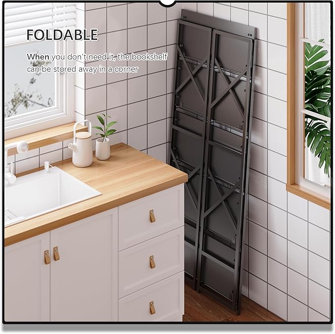 4NM 5 Tiers No Assembly Book Shelves, 51.2" H Folding Bookshelf Bookcase Open Industrial Foldable Shelves for Bedroom, Living Room, Home Office - All Black-Ruum Studio Home