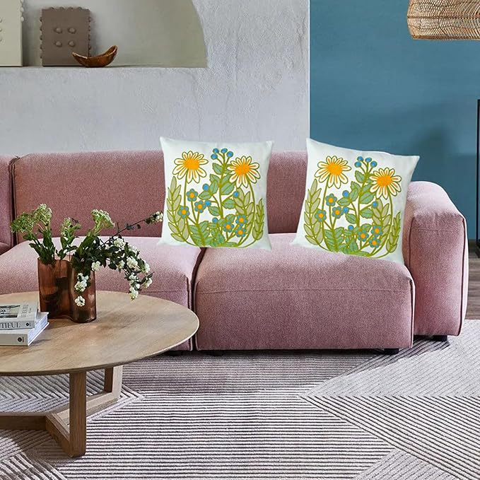 Embroidered Decorative Throw Pillow Cover, 18"x18" Set of 2, Farmhouse Pillowcase Daisy Knit Pattern Cotton Canvas Cushion Case Square Floral Pillow Case for Sofa Couch Bed Living Room…-Ruum Studio Home