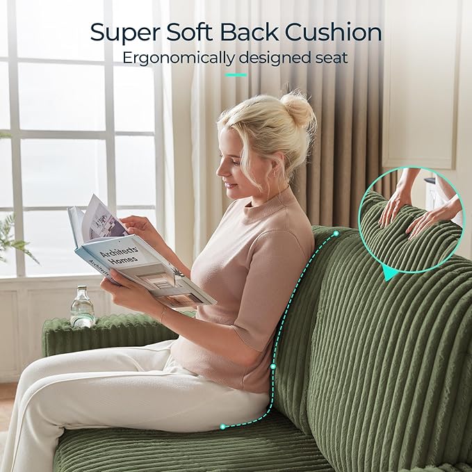 LINSY HOME Loveseat Sofa with Pull Out Couch Chaise: 2-in-1 Convertible 2 Seater Sofa with USB Charging & Cup Holders, Comfy Plush Corduroy Love Seat for Small Spaces Living Room Apartment, Green-Ruum Studio Home