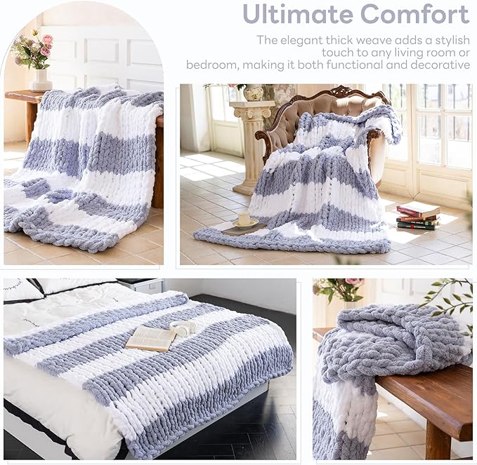 Chunky Knit Blanket - Luxury Soft Cozy 60 * 80 Throw Blanket,100% Woven Blanket Rope Knot Throw Blanket for Couch, Sofa, Home Decor, Gift - Machine Washable（White/Light Gray）-Ruum Studio Home