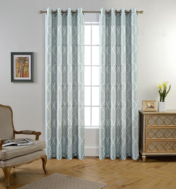 MIUCO Moroccan Embroidered Semi Sheer Curtains Linen Look Grommet Window Curtains for Bedroom 52 x 95 Inch 2 Panels, Sea Foam-Ruum Studio Home