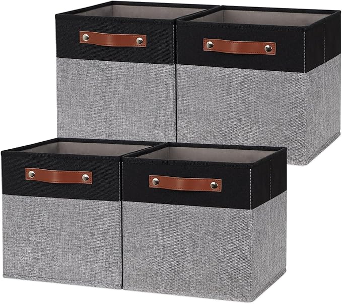 HNZIGE Fabric Cube Storage Baskets 11x11, Set of 4, Foldable Baskets with Handlesfor Organizer Closet(Black Gray)-Ruum Studio Home