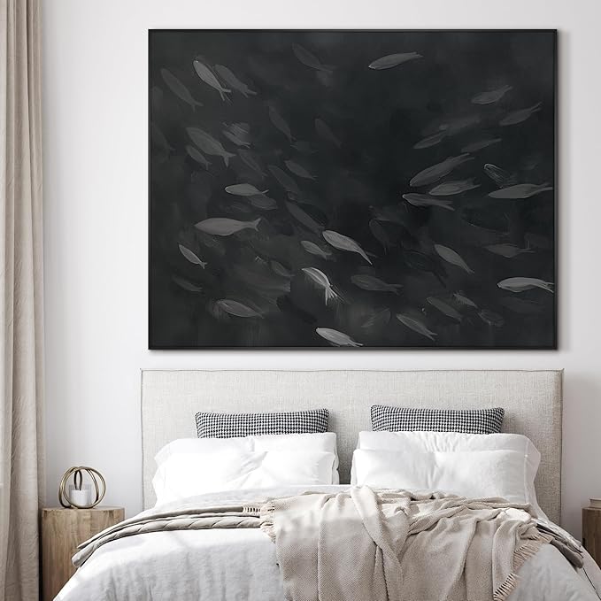 SIGNWIN 36"x46" Extra Large Framed Wall Art Monochrome Fish Silhouettes Illustration for Home Living Room Bedroom Decor (Frame Assembly Required)-Ruum Studio Home