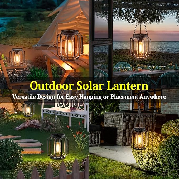 Solar Hanging Lanterns Outdoor: 2 Pack Metal Solar Hanging Lights with Hook, Bright - Warm Waterproof LED Lanterns for Outside, Classic Decorative Solar-Powered Light for Yard Garden Patio Porch Decor-Ruum Studio Home
