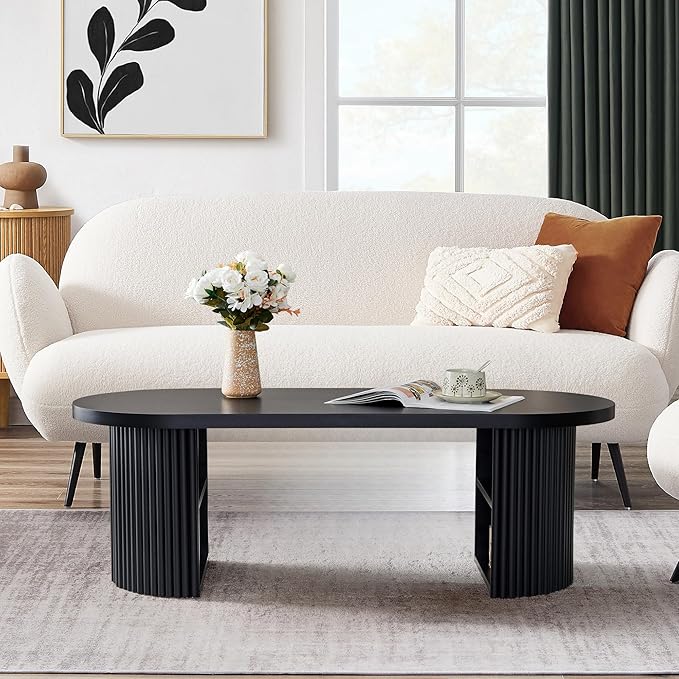 Oval Fluted Coffee Table, 47" Farmhouse Wood Coffee Table Mid Century Modern Center Table Boho Living Room Tables for Living Room Office,Black-Ruum Studio Home