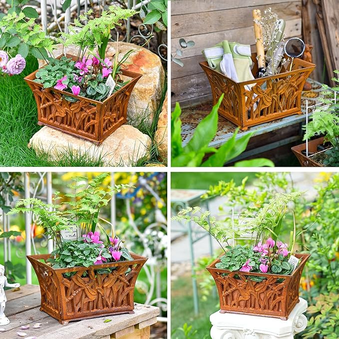 Sungmor Heavy Duty Cast Iron Planter Basket w/Non-Woven Growing Bag, Unique Shape & Beautiful Pattern Design, Hollow Orchid Flower Pot Garden Tools Holder, Full Rusted French Country Decor Container-Ruum Studio Home