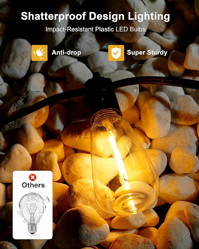 Outdoor String Lights - 50FT LED Patio Lights with 27 Shatterproof Waterproof Bulbs, Connectable Dimmable Edison IP65 ST38 Outside Lights for Garden, Balcony, Porch, Backyard, Deck, Home Decor-Ruum Studio Home