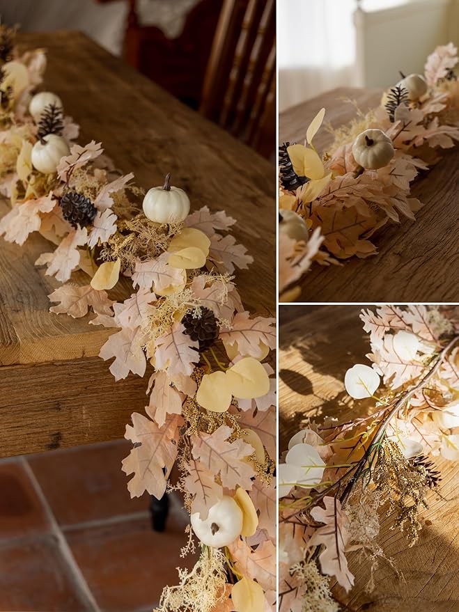 MISSPIN 6FT Boho Fall Garland, Fall Decor Autumn Maples Leaf Garland for Autumn Decor Hanging Vine for Halloween Thanksgiving Home Wedding Fireplace Party Christmas(Beige)-Ruum Studio Home