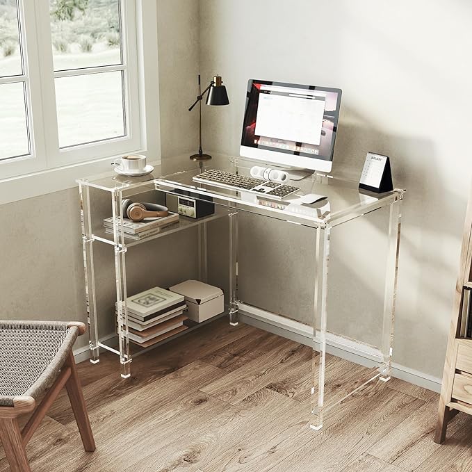 Eglaf Acrylic L-Shaped Desk - Clear Desk with Reversible Storage Shelves - Modern Home Office Desk Corner Desk for Study, Writing, Rectangular Legs, Easy Assembly, 39.4" L x 27''W x 29.5" H-Ruum Studio Home