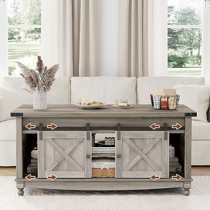 48" Farmhouse Lift Top Coffee Table with Storage Sliding Barn Door & Large Hidden Compartment, Coffee Table with Lifting Top with Wooden Lift Tabletop, Coffee Tables for Living Room, Grey-Ruum Studio Home