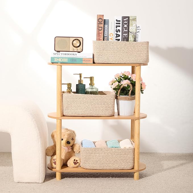 Small Storage Baskets for Organizing | Closet Organizer Bins | Shelf Toy Basket | Woven Rope Baskets | Cube Decorative Box | Shallow Basket | 13x8.5x5.1” | 4 Packs Mixed Brown-Ruum Studio Home