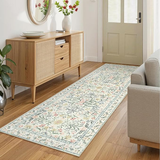 Wonnitar Washable Rug Runner 2'6''x8', Boho Floral Hallway Runner Rug 8ft Long Carpet for Bedroom, Soft Non Slip Ultra-Thin Beige Carpets for Bathroom Kitchen Bedside-Ruum Studio Home