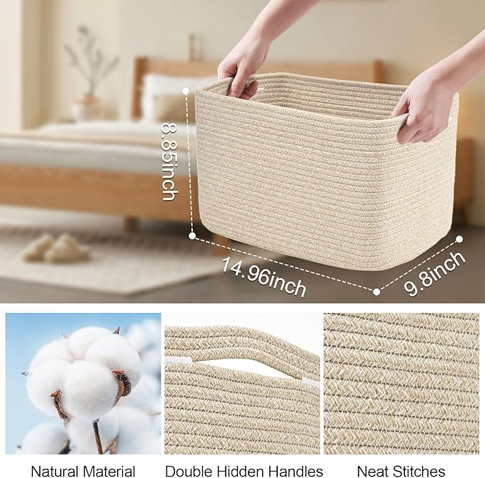 3-Pack Shelf Baskets for Organizing, Woven Storage Basket for Shelves, Cotton Rope Storage Bins for Toys Books, Nursery Towel Baskets for Classroom, 14.96"X9.8"X8.85", Brown-Ruum Studio Home