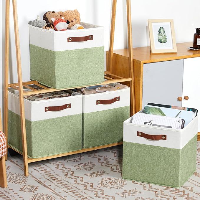 HNZIGE Fabric Cube Storage Bins 13x13 Set of 4 Canvas Storage Baskets for Shelves Collapsible Storage Bins for Organizing Clothes Closet Toy Nursery Cubby(Green&White)-Ruum Studio Home