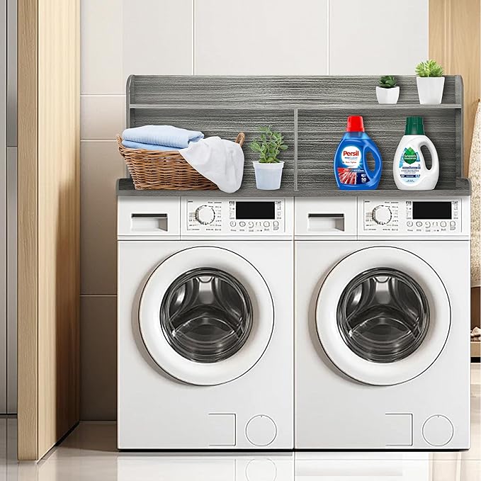 Royxen 2-Tier Washer Dryer Countertop,19.5"H Wood Washer and Dryer Topper with Shelf,Laundry Countertop Over Washer and Dryer, Universal Fit for Laundry Room Organization (Eucalyptus, 54"W X 27.5"D)-Ruum Studio Home