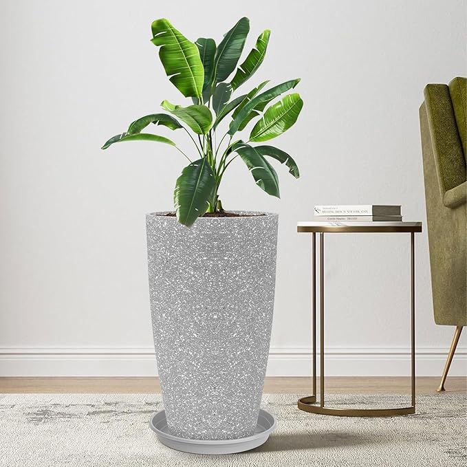 Tall Flower Pot Indoor - Outdoor Plant Pot - Gray Rough Planter - Elegant Stone Imitation - 12" Diameter 21" Tall with Drainage Holes and Saucer-Ruum Studio Home