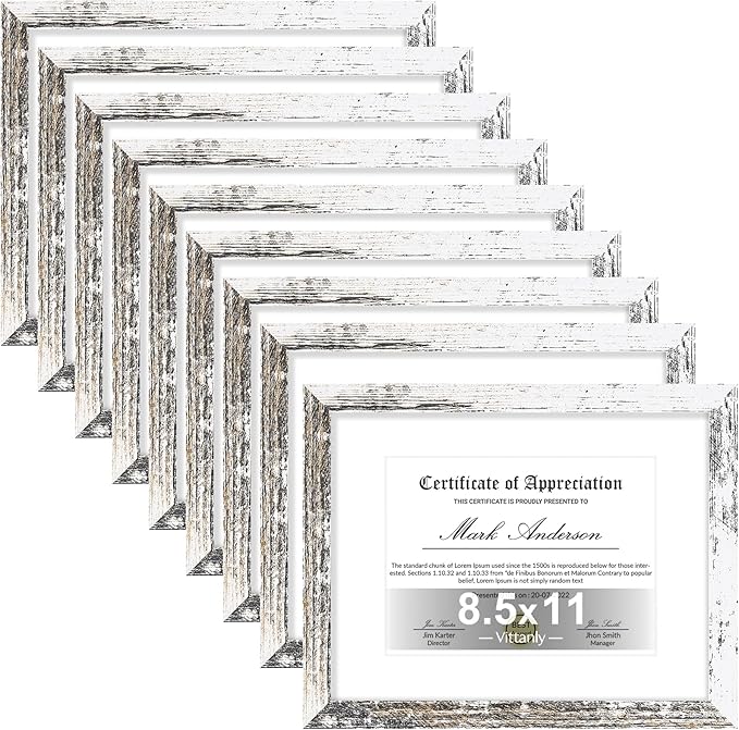 Vittanly 8.5x11 Picture Frames Set of 9, Shatter Resistant Plexiglass, Display 6x8 Pictures with Mat or 8.5x11 without Mat, Photo Frames for Wall or Tabletop, Engineered Wood, Distressed White-Ruum Studio Home