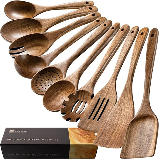 Wooden Spoons for Cooking, Nonstick Cooking Utensil Set with 10 Piece Acacia Wooden Spatulas and Spoons for Cooking, Terrific for Everyday Kitchen Tasks-Ruum Studio Home