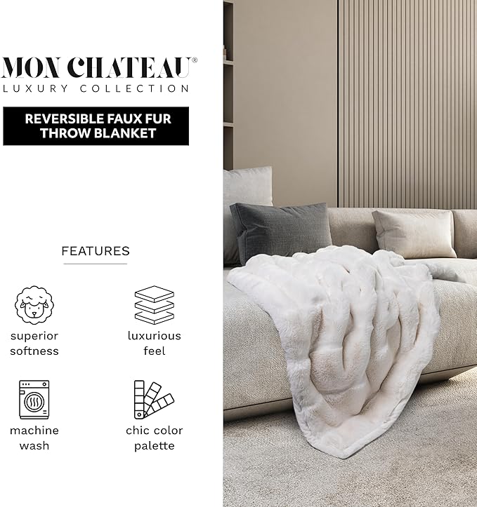 Mon Chateau Premium Reversible Luxury Faux Fur Throw for Couch, Sofa, or Bed - Plush Cozy Soft Blanket for Sleeping or Home Décor, 60" x 70" (Ivory)-Ruum Studio Home