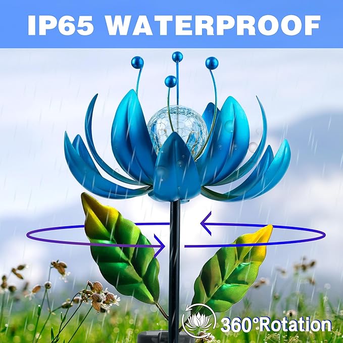 Solar Wind Spinner, 38 Inch Metal Stake Yard Spinners,Solar Powered Multi-Color LED Glass Ball with Kinetic Wind Sculpture Spinner Windmills for Yard-Ruum Studio Home