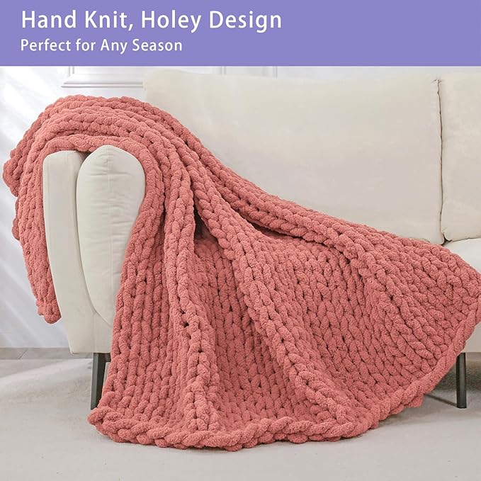 Bigacogo Chunky Knit Throw Blanket for Couch, 40x80 inches, 100% Hand Knitted with Thick Jumbo Chenille Yarn, Cozy Soft Large Rope Knot Cable Crochet Blankets for Sofa Bed Living Room, Antique Red-Ruum Studio Home
