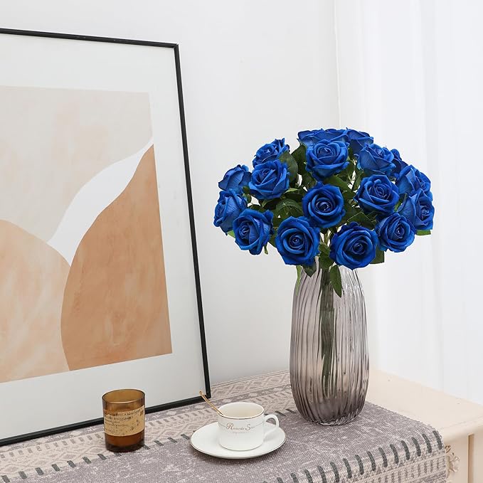 Blue Fake Roses Artificial Flowers - 10 Pcs Fake Artificial Roses Silk Flowers with Stems for Home Wedding Hotel Office Centerpiece Decor-Ruum Studio Home
