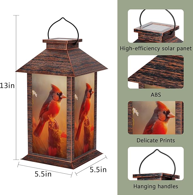 Solar Lanterns Outdoor, Waterproof Cardinal Garden Hanging Lanterns with LED Flickering Flameless Candles, Lantern Decor Birthday Gifts for Women Mom Grandma-Ruum Studio Home
