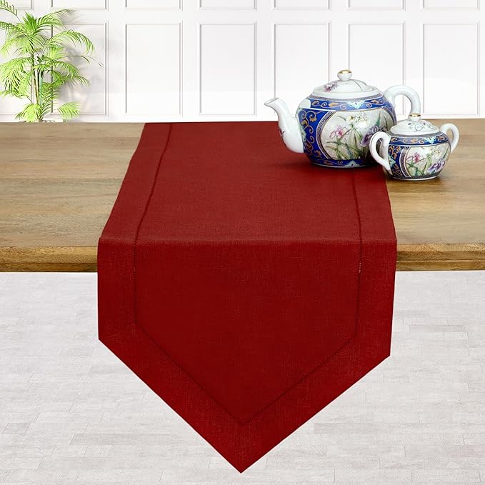 D'Moksha Homes Red Linen Table Runner 108 Inches Long - 100% Pure Linen Diamond Table Runner 14 x 108 Inch for Dining, Fall and Halloween - Machine Washable-Ruum Studio Home