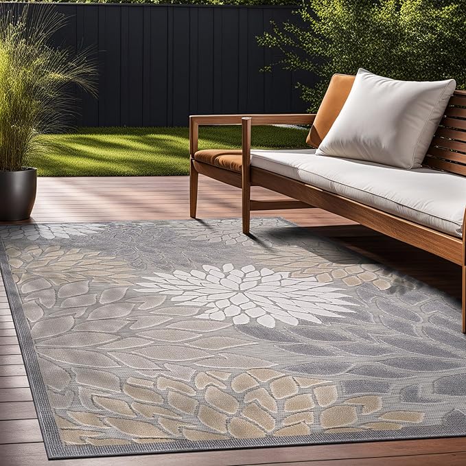 Beverly Rug Outdoor Rug 9x12 Large Modern Floral Tropical Area Rugs for Indoor and Outdoor Patio Easy to Clean Non Shedding Living Room Porch Garden Washable Outside Carpet (9 x 12 Gray)-Ruum Studio Home