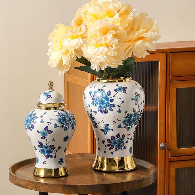 Ginger Jars for Home Decor, White and Gold Vase, Porcelain Ginger Jar Chinoiserie Blue and White Vase with Gold Trim and Floral Pattern, Ceramic Flower Vase for Home, Temple and Storage Jars(12in)-Ruum Studio Home