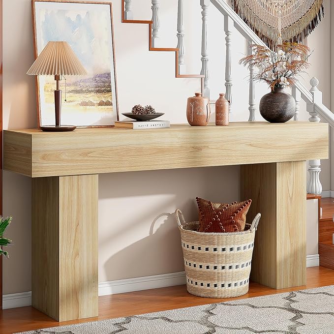 63 Inch Long Console Table for Entryway, Farmhouse Wood Rectangular Sofa Table Behind Couch Table, Narrow Entryway Table for Living Room, Entrance, Hallway, Foyer, Easy Assembly (Natural)-Ruum Studio Home
