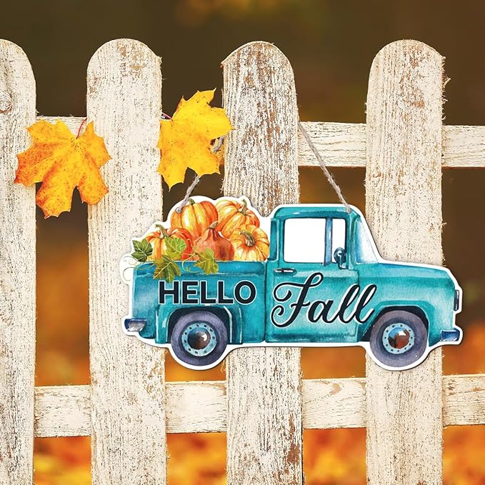 Fall Door Hanger - Pumpkin Welcome Sign, Hello Fall Wood Hanging Decors, Rustic Thanksgiving Decorative for Porch, Indoor Outdoor Autumn Door Decor(Truck), Housewarming Gift, Home Indoor Outdoor Deco-Ruum Studio Home