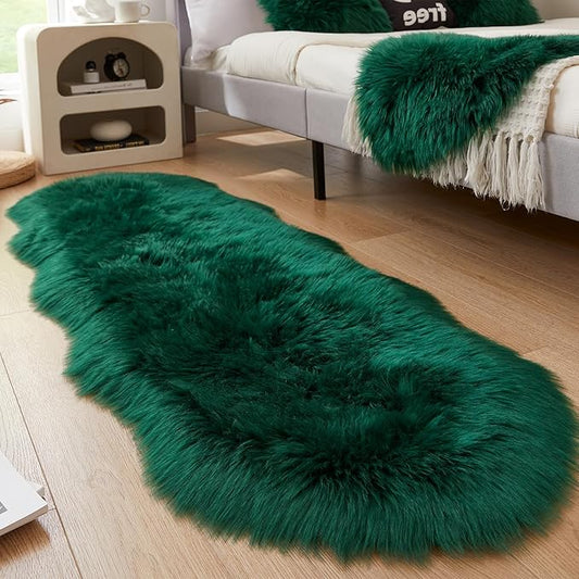 AMTOVO Faux Sheepskin Rug, Dark Green Ultra Soft Fluffy Shag Area Rug, 2 x 6 ft Faux Fur Rug for Bedroom Sofa Throw Cushion Room Decor, Sheepskin-Ruum Studio Home