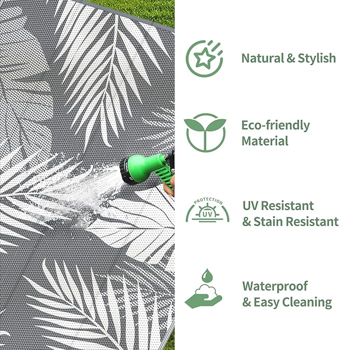 GENIMO Outdoor Rug 8' x 10' Waterproof for Patios Clearance, Reversible Plastic Straw Camping Rug Carpet, Large Area Rugs Mats for RV, Picnic, Backyard, Deck, Balcony, Porch, Beach, Grey&White-Ruum Studio Home