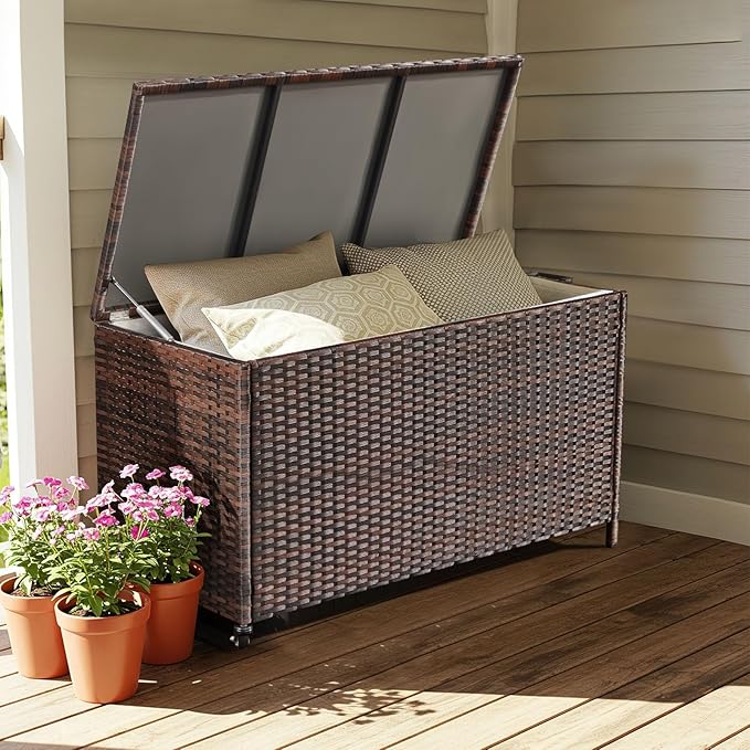 HOMREST Large Deck Box, Outdoor Wicker Storage Container with 70 Gallon, Patio Rattan Furniture for Garden Tools, Pillows, Pool, Brown-Ruum Studio Home
