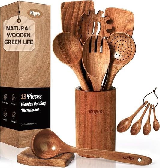 Wooden Spoons for Cooking, Nonstick Kitchen Utensils Set with 4 Piece Measuring Spoons, Comfort Grip Wooden Spatula Set, 9 Piece Teak Wooden Cooking Utensils with Holder and Spoon Rest-Ruum Studio Home