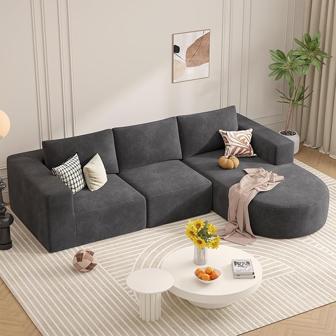 Modular Sectional Sofa with L-Shape Chaise,Cloud Sectional Modern Sleeper Couch with Deep Seat,Sponge Compression Sofas No Assembly Required(Dark Gray-Corduroy Fabric) 1PCS-Ruum Studio Home