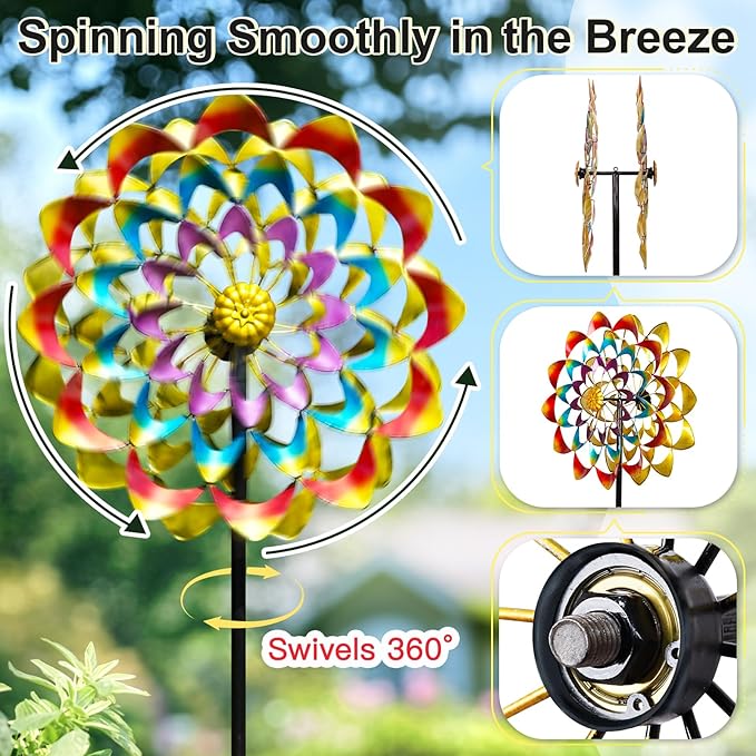 Garden Wind Spinners Outdoor Large Metal, 84'' Yard Art Wind Sculptures & Spinners, Windmills Gifts for Mother's Day Birthday Lawn Patio Decor(Rainbow)-Ruum Studio Home