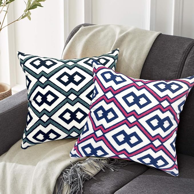 Alysheer Embroidered Decorative Throw Pillow Cover 18"x 18" Set of 2, Classic Boho Geometric Embroidery Pattern Cotton Rectangular Cushion Case for Sofa Couch Living Room Bedroom (Blue Pink)-Ruum Studio Home