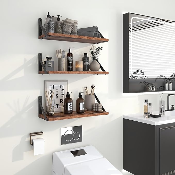 Heimlove Floating Shelves for Wall, 16 Inch Long Wood Floating Shelves Set of 3, Wall Mounted Hanging Shelf for Bathroom Bedroom Kitchen, Rustic Brown-Ruum Studio Home