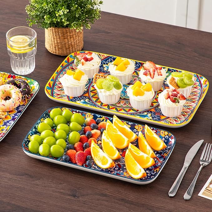 vancasso Serving Platters Set of 3, 16"/14"/12" Inch Rectangular Trays - Serving Platter Extra Large, Bohemian Ceramic Serving Dish for Entertaining Food, Microwave & Dishwasher Safe, Vintage-Ruum Studio Home