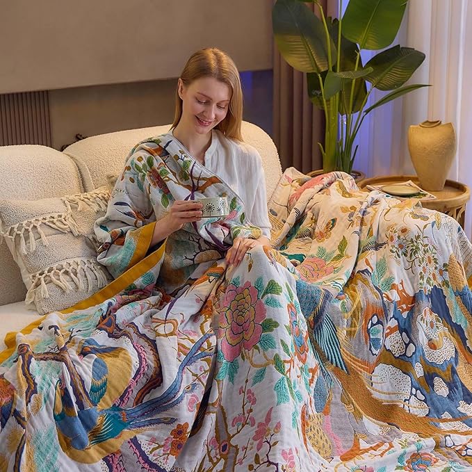 Fall Throw Blanket for Couch, Yellow Boho Decorative Throw Blanket, 100% Cotton Muslin Breathable Woven Farmhouse Blankets Quilt, 60"x80" Reversible Lightweight Blankets Bohemian Throw Quilt-Ruum Studio Home