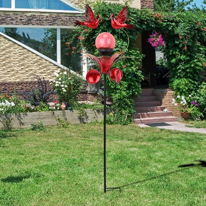 VCUTEKA Cardinal Solar Lights Outdoor Metal Garden Stake Waterproof Crackle Glass Globe Garden Decor Cardinal for Pathway, Lawn, Patio, Yard-Ruum Studio Home