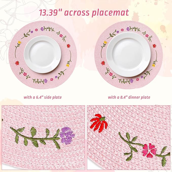 Whaline 4Pcs Round Placemats Spring Flower Embroidered Place Mats Pink Floral Dinner Table Mats for Home Holiday Wedding Bridal Baby Shower Birthday Party Decor-Ruum Studio Home